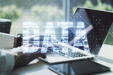 creative data word sign and hands typing on laptop on background. multiexposure