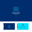 Bright blue electronic circuit letter M monogram initial logo with business card template