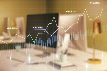 Multi exposure of abstract creative financial graph on modern computer background, forex and investment concept