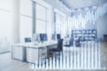 Multi exposure of virtual abstract financial graph interface on a modern furnished classroom background, financial and trading concept