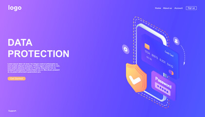 Web banner personal data protection isometric concept. Cybersecurity and privacy. Traffic encryption, VPN, Anti-privacy protection. Database with cloud server, Data set, process, classification. Web