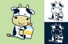 Cute Cow Sitting While Holding Big Milk Bottle. Vector Cartoon Illustration In Flat Icon Style