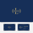 Gold ornamental ribbon on letter L monogram initial logo in blue background with business card template