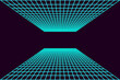 Simple 1980's vintage cyberpunk laser perspective grid, blue on black retro computer screen concept
