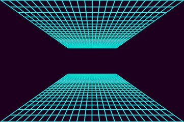 Simple 1980's vintage cyberpunk laser perspective grid, blue on black retro computer screen concept