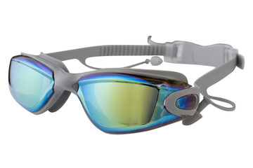 swimming goggles with colored mirrored lenses and gray silicone strap, on white background