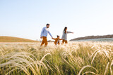 A hipster family walks in a summer field.
