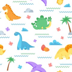 Sticker - Cute dinosaur pattern. Dino surface, dinosaurs kids fashion textile print. Newborn cloth, adorable animals textile decent vector seamless texture