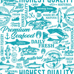  Vector fish retro-styled seamless typographic pattern or background. Fish silhouettes and illustrations