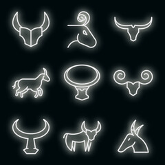 Sticker - Wildebeest icons set. Outline set of wildebeest vector icons neon color on black