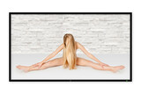 TV screen with a beautiful nude woman doing exercises, her private parts are not visible, isolated on white background