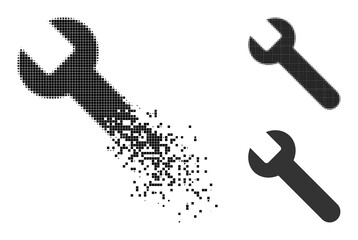 Moving dot wrench pictogram with destruction effect, and halftone vector pictogram. Pixelated destruction effect for wrench reproduces speed and motion of cyberspace abstractions.