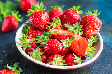 Strawberry berries red juicy fruit ripe sweet dessert fresh on the table healthy meal copy space food background rustic top view