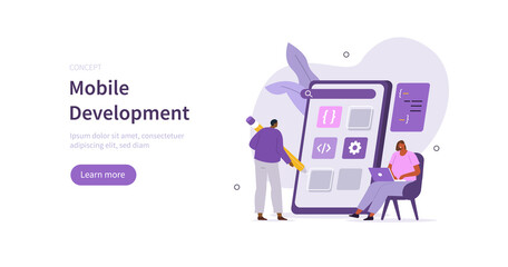 Wall Mural - people characters developing new mobile app. developers team programming and coding code for mobile 