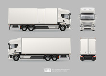 White Delivery Cargo Truck Vector Template For Brand Identity Mockup Design Advertising. Realistic Corporate Truck Hi-detailed Layout. Front And Back View Truck Template