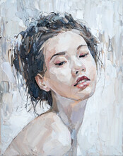 Portrait Of An Asian Girl On A White Background. Oil Painting On Canvas.