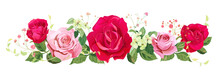 Panoramic View: Bouquet Of Roses, Spring Blossom, Gypsophila. Horizontal Border: Pink, Red Flowers, Buds, Green Leaves On White Background. Digital Draw Illustration Watercolor Style, Vintage, Vector