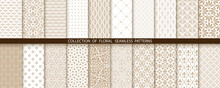 Geometric Floral Set Of Seamless Patterns. Beige And White Vector Backgrounds. Simple Illustrations