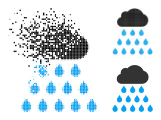 Erosion dotted rain cloud icon with wind effect, and halftone vector icon. Pixelated disappearing effect for rain cloud shows speed and motion of cyberspace concepts.