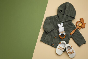 Wall Mural - Flat lay composition with baby clothes and accessories on color background. Space for text