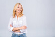 © denis_vermenko - Happy elegant mature senior business woman smiling standing isolated on white background. Smiling confident cheerful middle aged lady with white smile looking at camera, copy space.