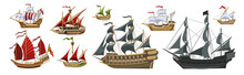 Pirate Boats And Old Different Wooden Ships With Fluttering Flags Vector Set Old Shipping Sails Traditional Vessel Pirate Symbols Garish Vector Illustrations Collection Set
