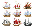 Pirate boats and Old different Wooden Ships with Fluttering Flags Vector Set Old shipping sails traditional vessel pirate symbols garish vector illustrations collection set