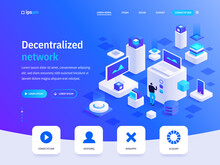 Vector landing page of Decentralized network isometric concept. Cryptocurrency, blockchain technology, mining digital money, protection, finance. Illustration of advertising banner in isometry design