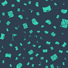 set golf ball, sun visor cap, flag and course layout on seamless pattern. vector