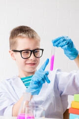 Wall Mural - a schoolboy studies multi-colored substances in test tubes, conducts experiments - a portrait on a w