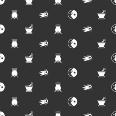 Wall Mural - Set Moon and stars, Mortar pestle, Witch cauldron and Fireball on seamless pattern. Vector