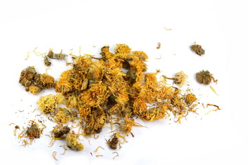 Wall Mural - Calendula officinalis or Marigold dry tea flowers isolated. Calendula or pot marigold medicinal herbs on white background