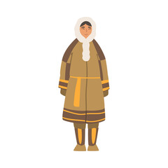 Poster - Polar Girl Character, North People Wearing Warm Traditional Eskimos Clothing Cartoon Vector Illustration