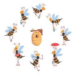 Sticker - Cute Bees Flying around the Hive, Cute Happy Funny Working Bee Characters Cartoon Vector Illustration