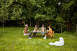 Group of young people having a festive dinner in nature, sitting together by a table on a green lawn near the forest