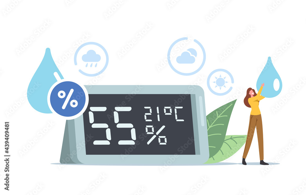 Humidity Poster Air Humidity Concept. Tiny Girl Character with Water Drop in Hands ...