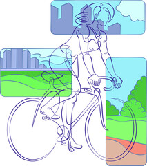 Wall Mural - Young woman rides a bicycle through the city.Cycling tour.City landscape.One continuous line simplicity doodle cartoon portrait character linear minimal illustration.