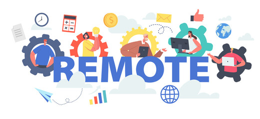 Wall Mural - remote team working concept. workers webcam group conference with coworkers. business characters, sp