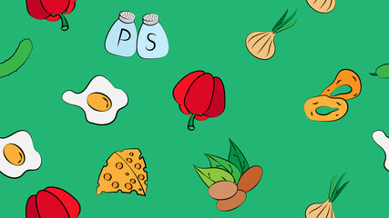 Endless green seamless pattern of delicious food and snack items icons set for restaurant bar cafe: eggs, nuts, pepper and salt, onion, cheese, cucumber, onion rings, pepper. The background