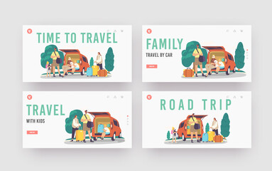 Wall Mural - Time to Travel Landing Page Template Set. Happy Family Characters Sit at Car Trunk with Dog. Mother, Father and Children