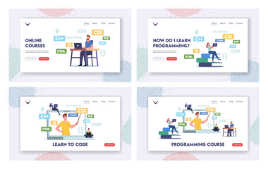 Programming Courses Landing Page Template Set. Students Characters at Huge Laptop with Coach Explain Programmer Classes