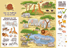 Animals Of The African Savannah. Puzzle Hidden Items. Puzzle Hidden Items