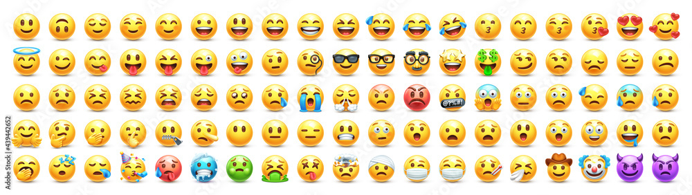 Yellow emoji. Funny emoticons faces with facial expressions. 3D stylized vector icons set - obrazy, fototapety, plakaty 