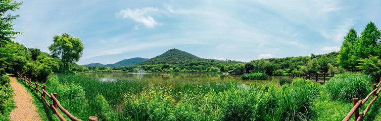 Wall Mural - Panoramic view of lake and forest trail at Incheon Grand Park in Korea