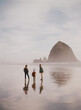 © Lexia Frank/Stocksy - young children explore a hazy sunset beach with wet sand reflection