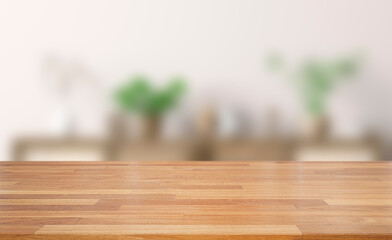 Empty of wood table top on blur of white clean  abstract and blur interior background with bokeh.used for display or montage your products. banner.