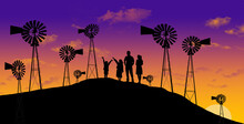 A Family Looks At A Display Of Vintage Water Pumping Windmills At Sunset In This Illustration About Agriculture.
