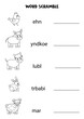 Puzzle for kids. Word scramble for children. Black and white farm animals.