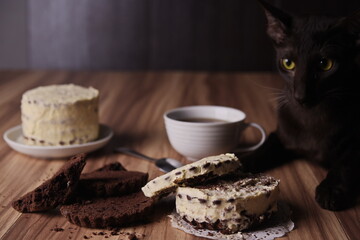 Wall Mural - Brownie slices with buttercream on the table against the background of the cat lying there.