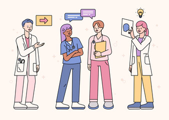 Wall Mural - a set of doctor characters in uniform having a conversation. outline simple vector illustration.